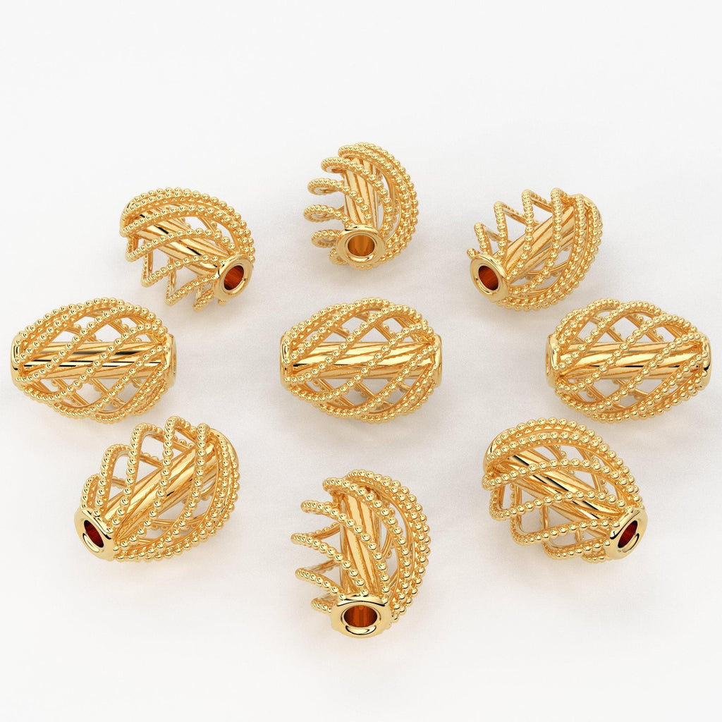 Solid Gold Handmade Pear Milgrain Cage Spacer Gold Bead Finding 8mm - Jalvi & Co.