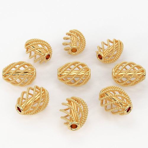 Solid Gold Handmade Pear Milgrain Cage Spacer Gold Bead Finding 8mm - Jalvi & Co.