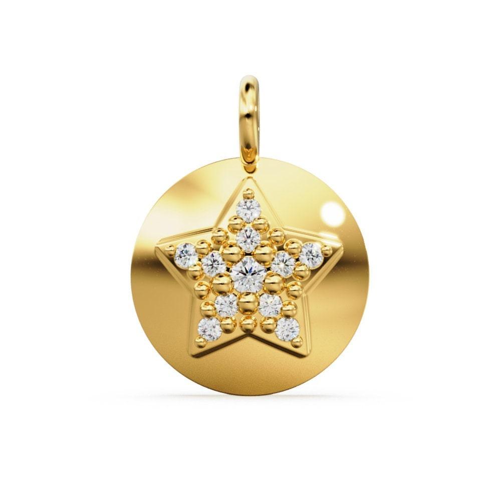 Star Disc Diamond Solid Gold Charm / Diamond Celestial Gold Charm / Prong Setting Star Charm / Diamond Jewelry / Diamond Gold NecklaceSALE - Jalvi & Co.