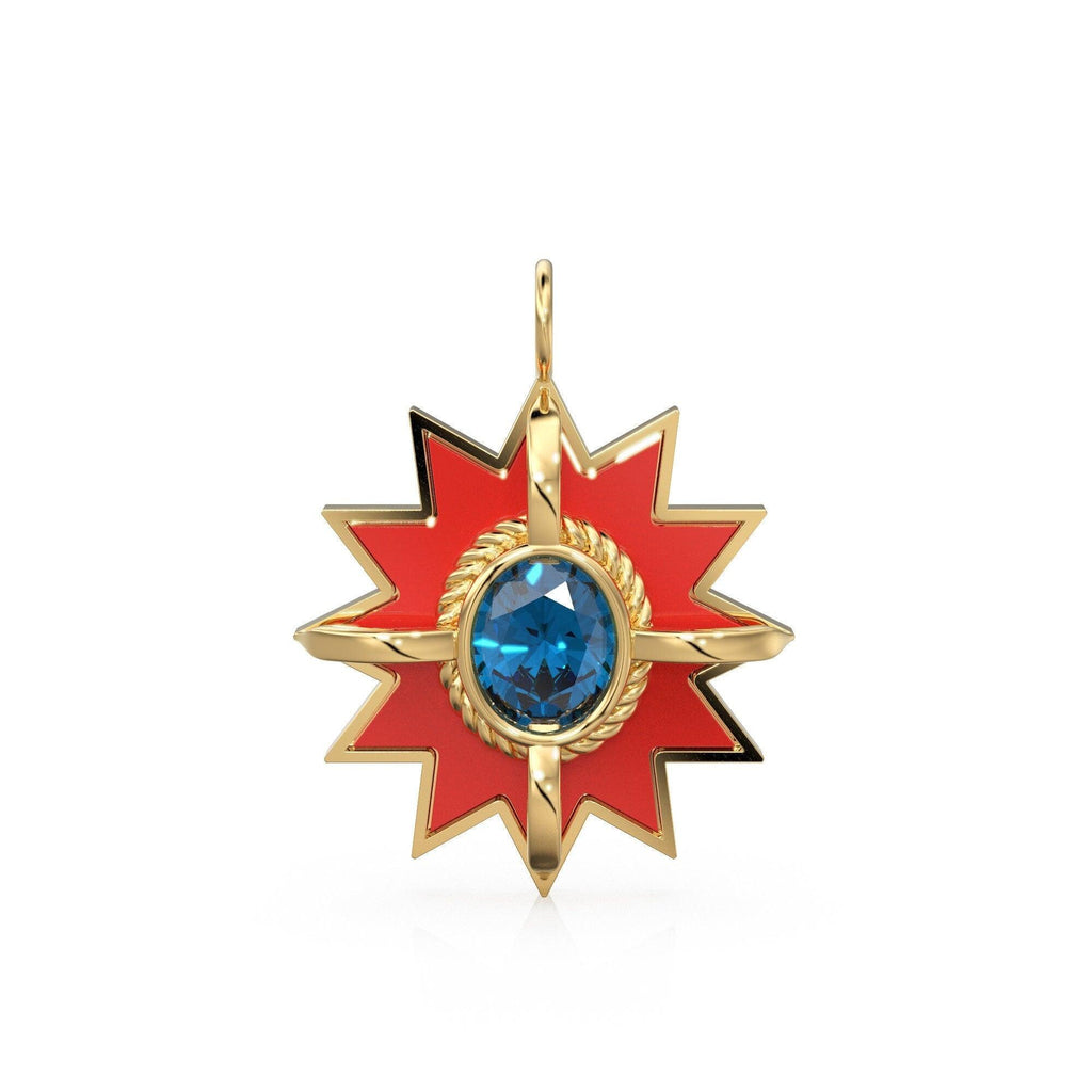 Star London Blue Topaz Red Enamel Solid Gold Charm / Enamel Gold Charm / Oval Topaz Pendant / Real Topaz Jewelry / Blue Topaz Gold Necklace - Jalvi & Co.