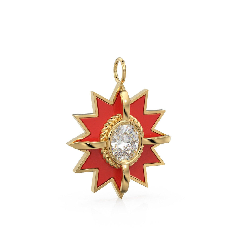 Star London Blue Topaz Red Enamel Solid Gold Charm / Enamel Gold Charm / Oval Topaz Pendant / Real Topaz Jewelry / Blue Topaz Gold Necklace - Jalvi & Co.