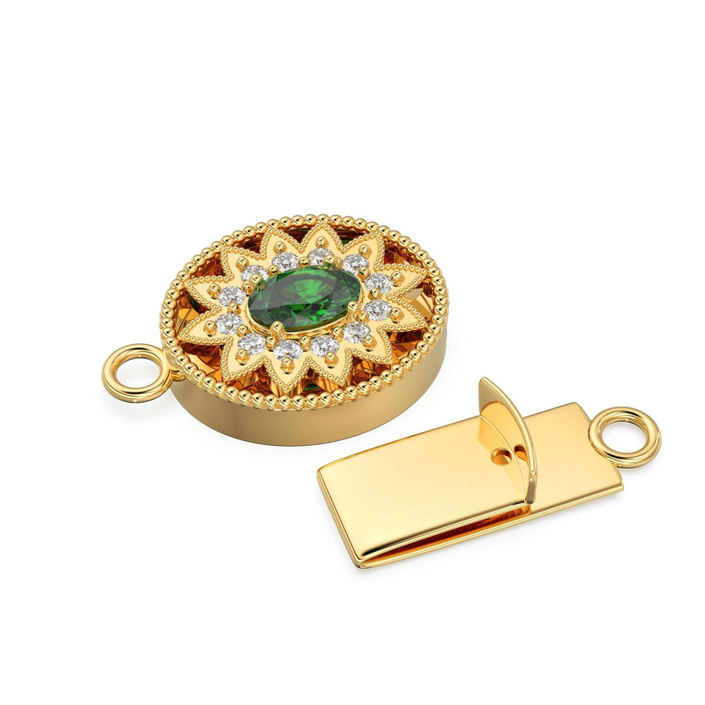 Sturdy Designer Emerald & Diamonds Migraine Oval Box Clasp / Diamond Clasp / Gold Designer Clasp / 23x13mm - Jalvi & Co.