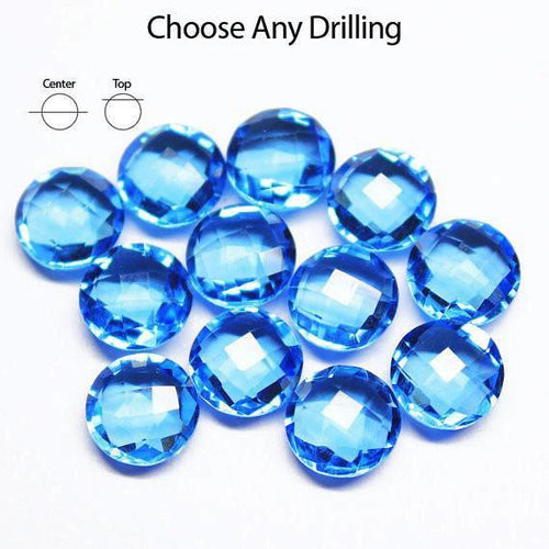 Swiss Blue Quartz Checker Faceted Round Coin Loose Matching Pair Beads 6pc 12mm - Jalvi & Co.