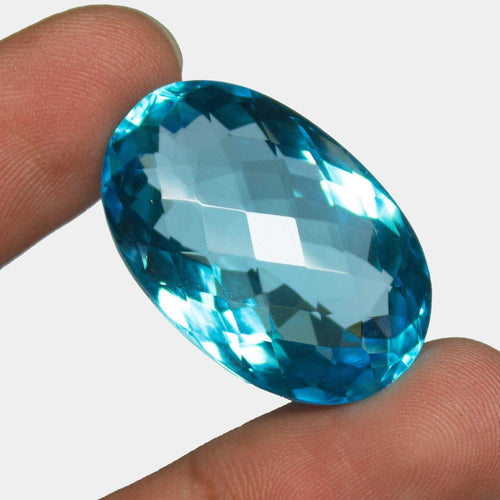 Swiss Blue Quartz Oval Checker Cut Loose Gemstone, 30x20x14mm, 51.32ct - Jalvi & Co.