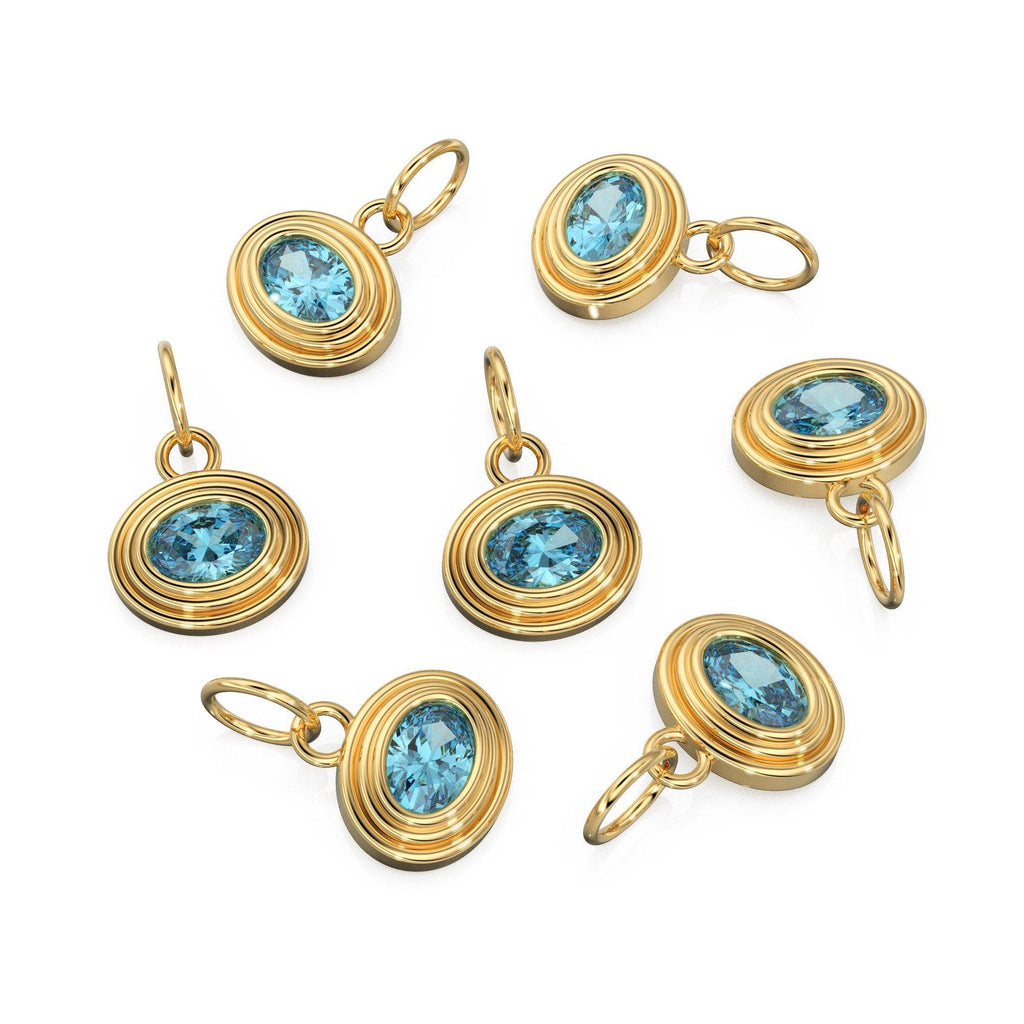 Swiss Blue Topaz Charms 14k Yellow Solid Gold Bubble Bezel Charm Pendant Blue Oval Gemstone Bezel 18K Gold Jewelry Finding - Jalvi & Co.