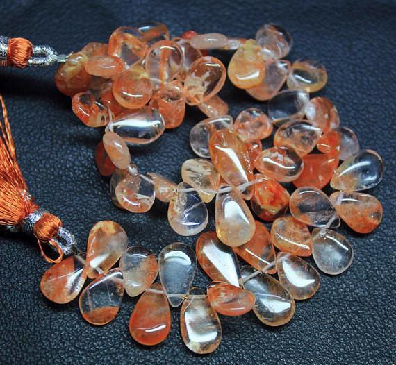 Tangerine Quartz Smooth Polished Pear Drops Briolette Beads 7.5" 9mm 10mm - Jalvi & Co.