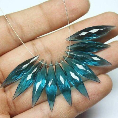 Teal Blue Quartz Faceted Puff Marquise Briolette Gemstone Beads 2pc one pair 30x6mm - Jalvi & Co.