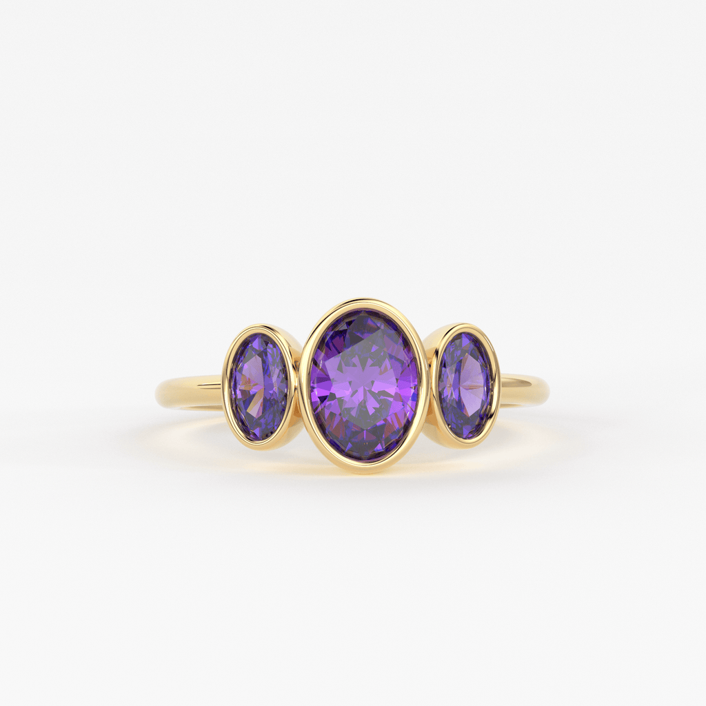 Three Stone Amethyst Ring / Amethyst Engagement Ring / Solid Rose Gold Diamond Amethyst Ring / February Birthstone Ring / Rose Gold Amethyst Ring - Jalvi & Co.