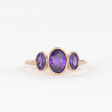 Load image into Gallery viewer, Three Stone Amethyst Ring / Amethyst Engagement Ring / Solid Rose Gold Diamond Amethyst Ring / February Birthstone Ring / Rose Gold Amethyst Ring - Jalvi &amp; Co.