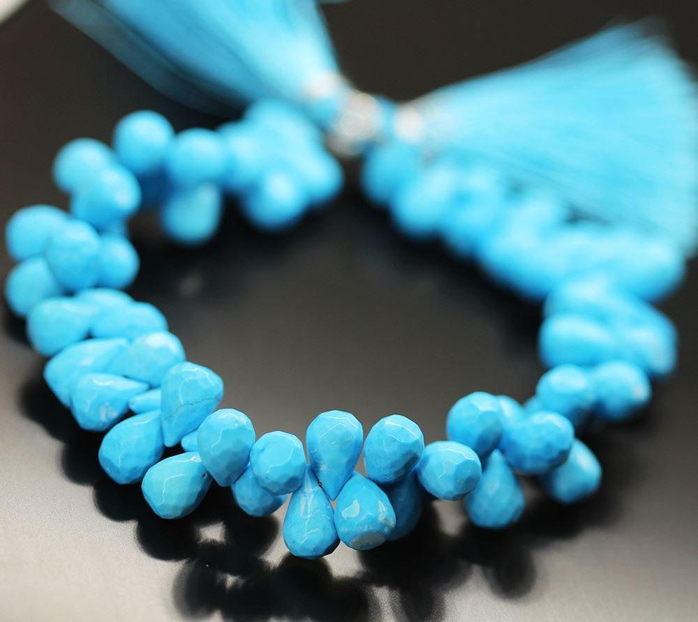 Treated Blue Turquoise Faceted Tear Drop Briolette Loose Craft Beads 8" 9mm 10mm - Jalvi & Co.