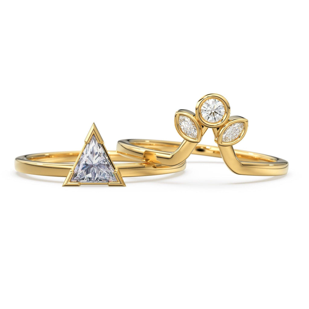 Triangle Diamond Ring Set, 14k or 18k Solid Gold 0.3 Carat Trillion Solitaire & Matching V Shaped Crown Band, Diamond Gold Dainty Ring Set - Jalvi & Co.