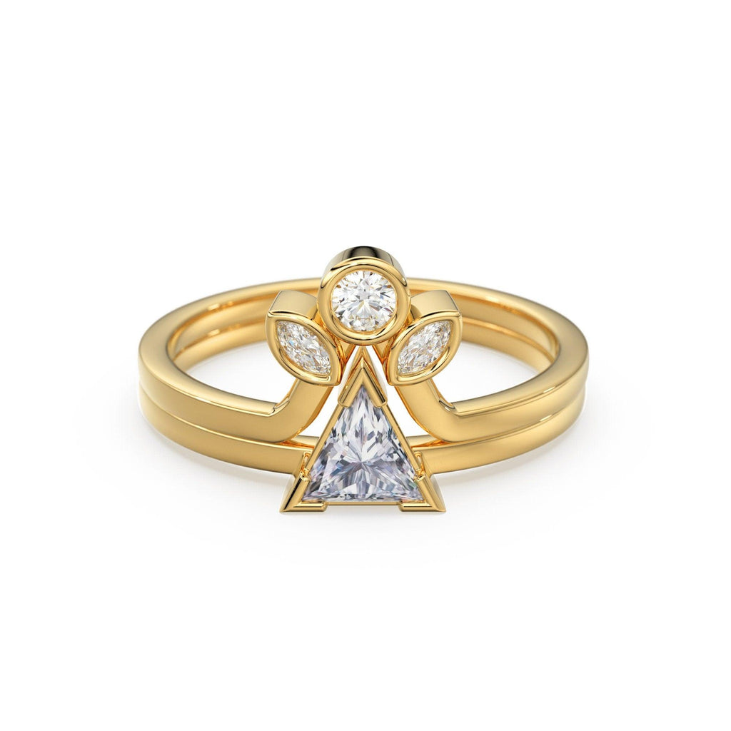 Triangle Diamond Ring Set, 14k or 18k Solid Gold 0.3 Carat Trillion Solitaire & Matching V Shaped Crown Band, Diamond Gold Dainty Ring Set - Jalvi & Co.