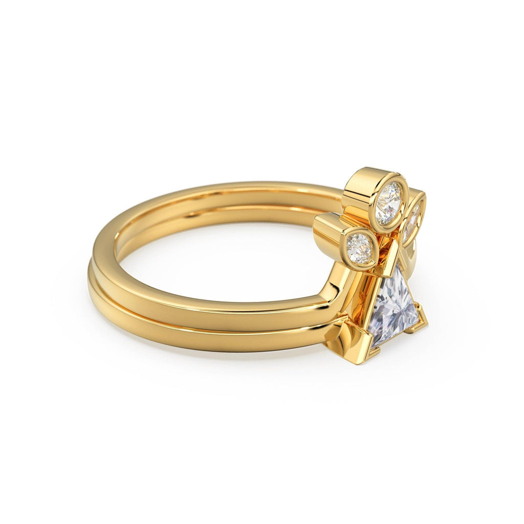 Triangle Diamond Ring Set, 14k or 18k Solid Gold 0.3 Carat Trillion Solitaire & Matching V Shaped Crown Band, Diamond Gold Dainty Ring Set - Jalvi & Co.