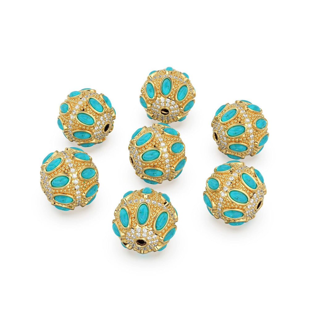 Turquoise and Diamond 14k 18k Solid Gold Tribal Look Spacer Finding Bead, Diamond and Turquoise Bead, Diamond Finding, Solid Gold Bead 13mm - Jalvi & Co.