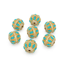 Load image into Gallery viewer, Turquoise and Diamond 14k 18k Solid Gold Tribal Look Spacer Finding Bead, Diamond and Turquoise Bead, Diamond Finding, Solid Gold Bead 13mm - Jalvi &amp; Co.