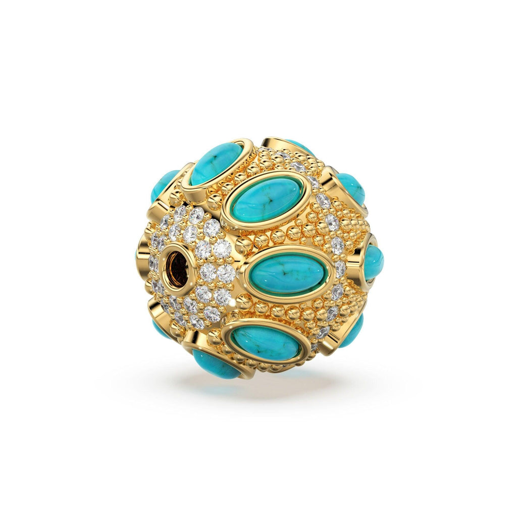 Turquoise and Diamond 14k 18k Solid Gold Tribal Look Spacer Finding Bead, Diamond and Turquoise Bead, Diamond Finding, Solid Gold Bead 13mm - Jalvi & Co.
