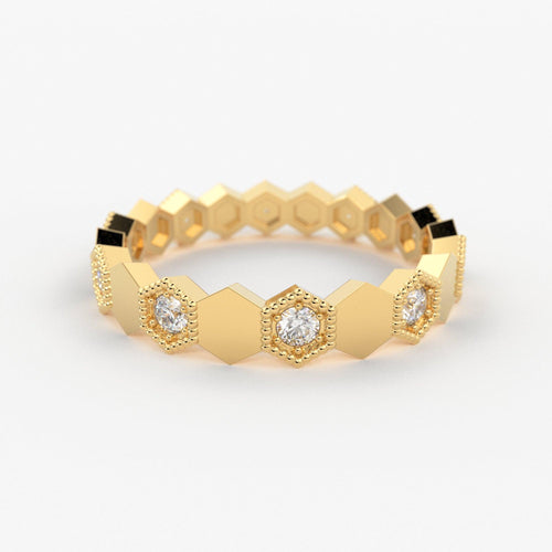 Unique Diamond Wedding Band in 14k Gold / Hexagon Diamond Eternity Wedding Ring / Honeycomb Eternity Wedding Band / Holiday Sale - Jalvi & Co.
