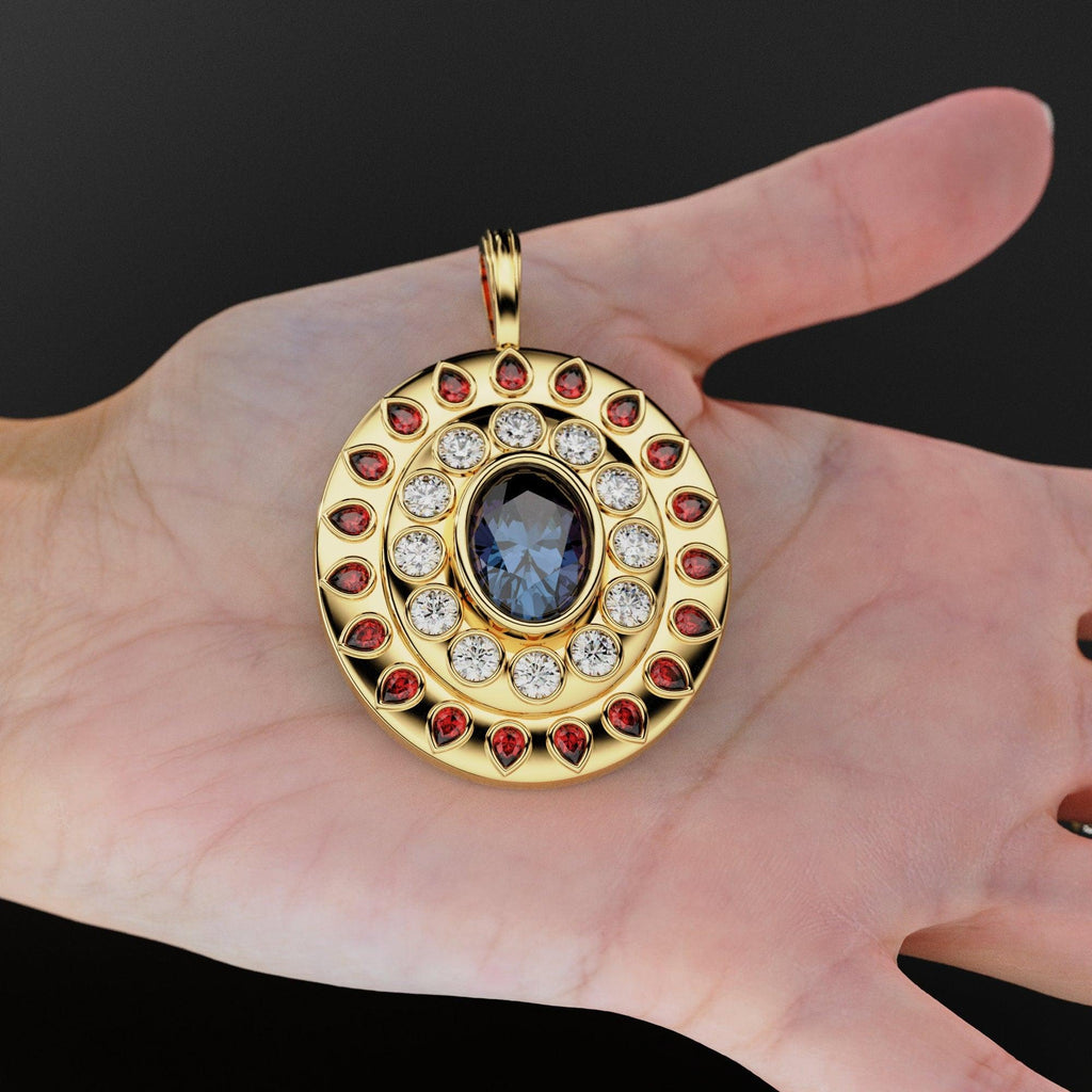 VERY BIG Alexandrite Diamond 18k Solid Gold Queen Pendant, Orange Sapphire Charm Gold Gemstone / Emerald Charm Luxury Solid Gold Pendant - Jalvi & Co.