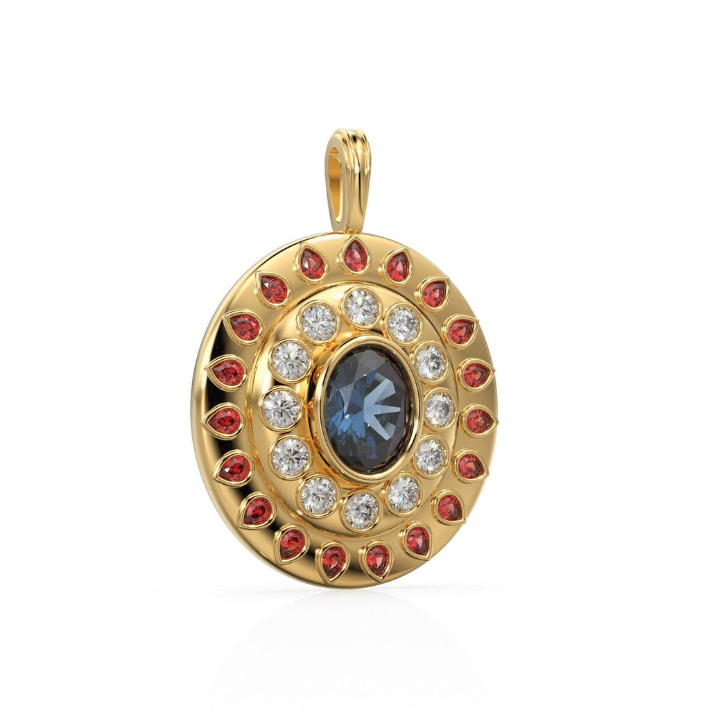 VERY BIG Alexandrite Diamond 18k Solid Gold Queen Pendant, Orange Sapphire Charm Gold Gemstone / Emerald Charm Luxury Solid Gold Pendant - Jalvi & Co.