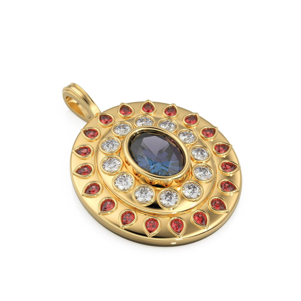 VERY BIG Alexandrite Diamond 18k Solid Gold Queen Pendant, Orange Sapphire Charm Gold Gemstone / Emerald Charm Luxury Solid Gold Pendant - Jalvi & Co.