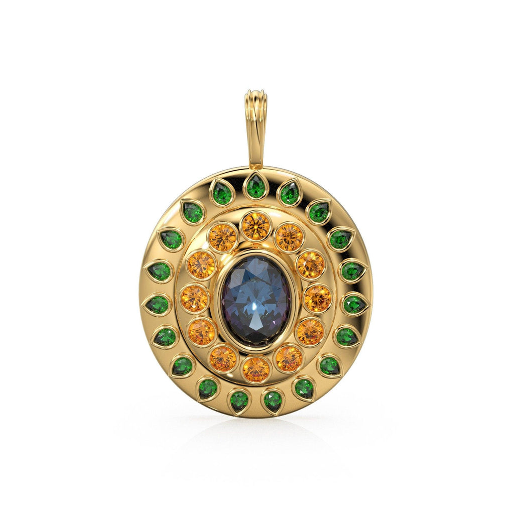 VERY BIG Alexandrite Diamond 18k Solid Gold Queen Pendant, Orange Sapphire Charm Gold Gemstone / Emerald Charm Luxury Solid Gold Pendant - Jalvi & Co.