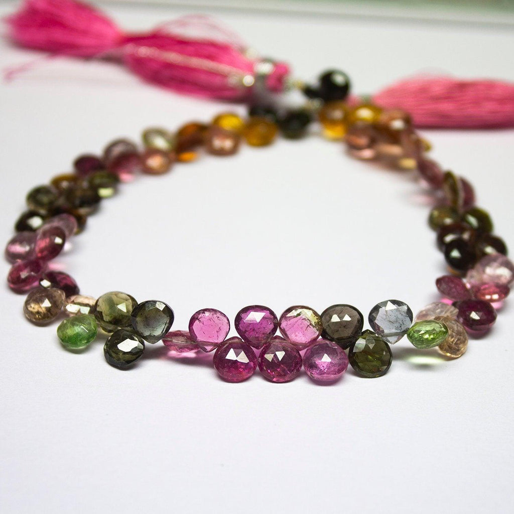 Watermelon Tourmaline Faceted Gemstone Heart Drop Briolette Beads 4" 6mm 6.5mm - Jalvi & Co.