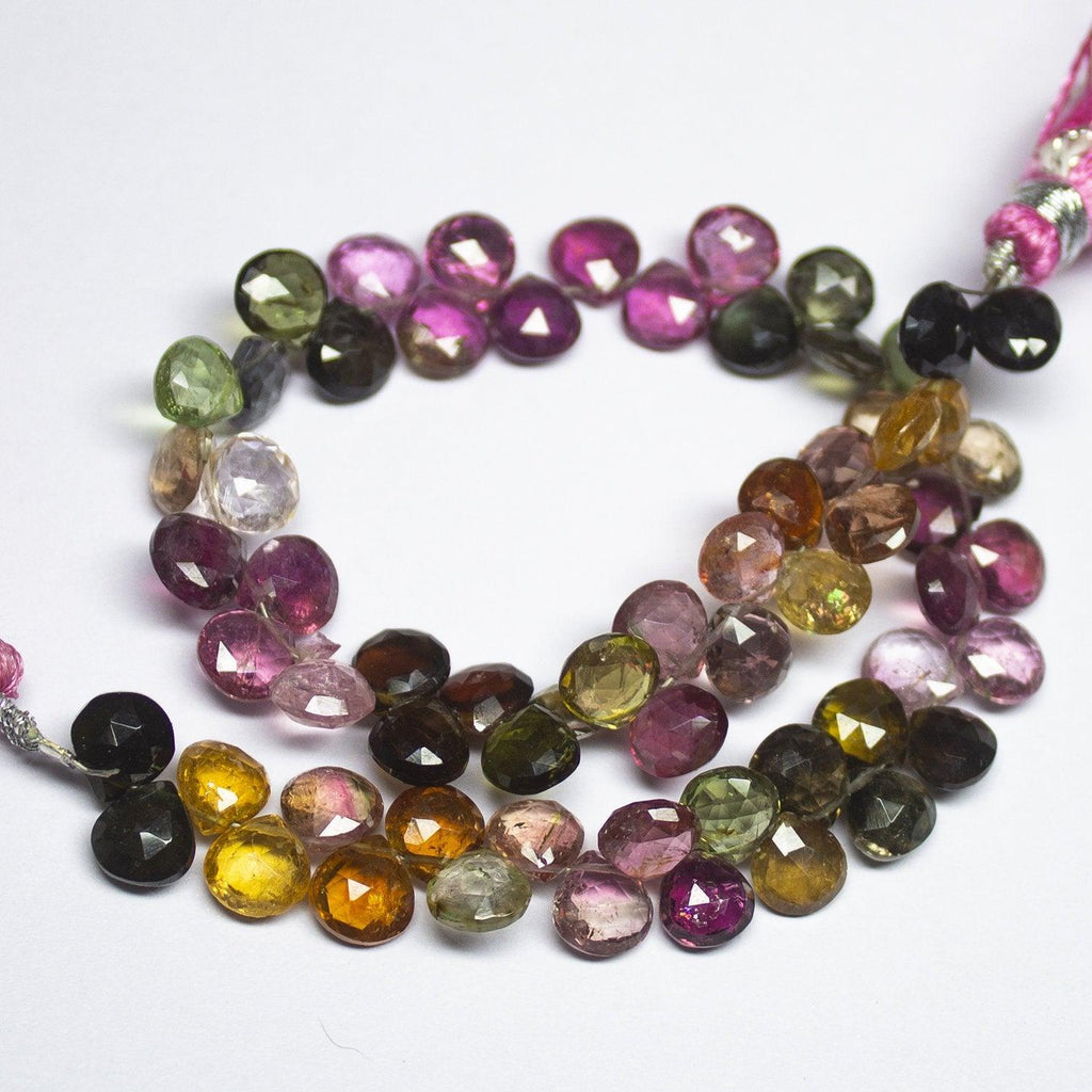 Watermelon Tourmaline Faceted Gemstone Heart Drop Briolette Beads 4" 6mm 6.5mm - Jalvi & Co.