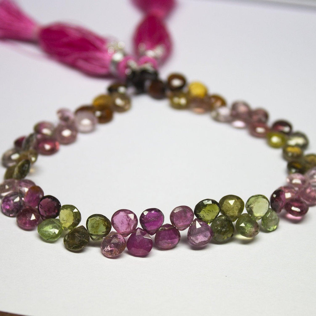 Watermelon Tourmaline Faceted Heart Drop Briolette Gemstone Loose Beads 4" 6mm - Jalvi & Co.