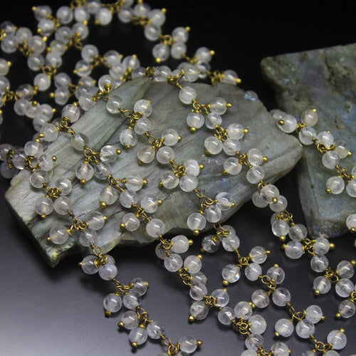 White Quartz Round Beads Rosary Style Beaded Chain, Dangle Chain, Quartz Wire Wrapper Gold Plated Rosary Chain, Thick Chain, 4mm - Jalvi & Co.