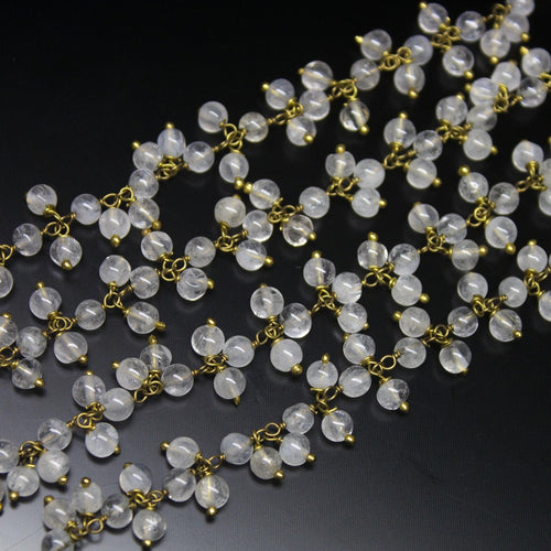 White Quartz Round Beads Rosary Style Beaded Chain, Dangle Chain, Quartz Wire Wrapper Gold Plated Rosary Chain, Thick Chain, 4mm - Jalvi & Co.