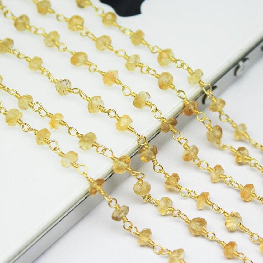 Yellow Citrine Faceted Rondelle Beads Gold Plated Brass Link Chain 5 x 14  4mm