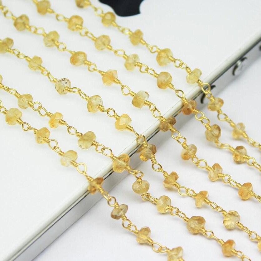 Yellow Citrine Faceted Rondelle Beads Gold Plated Brass Link Chain 5 x 14" 4mm - Jalvi & Co.
