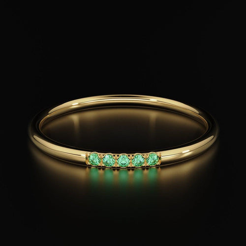Zambian Emerald Band in 14k Gold / Round Brilliant Emerald Ring / Gold Band White Diamond Ring / Genuine Emerald Wedding Band - Jalvi & Co.